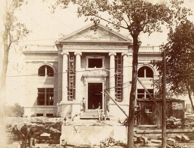 Archival photo of construction of Leavenworth, KS, Carnegie Library