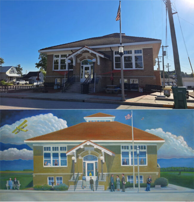 Photo and painting of Flora, Indiana, Carnegie Library