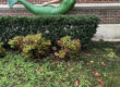 A mermaid statue outside of a brick library.
