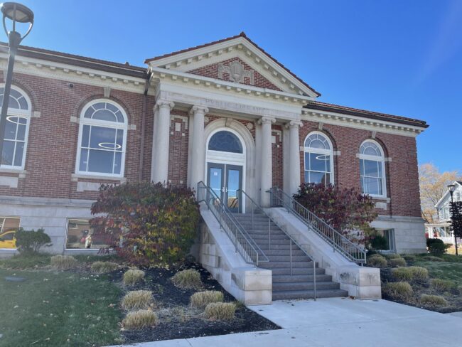 Brick library with columns and stairs