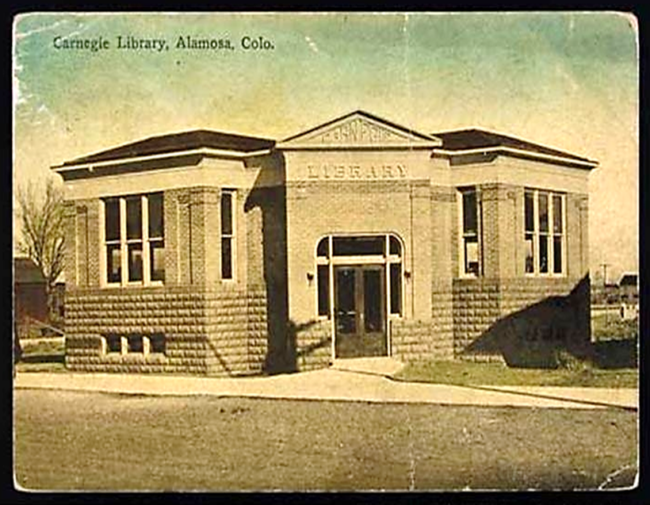 Historic photo postcard of a library in Alamosa, Colorado