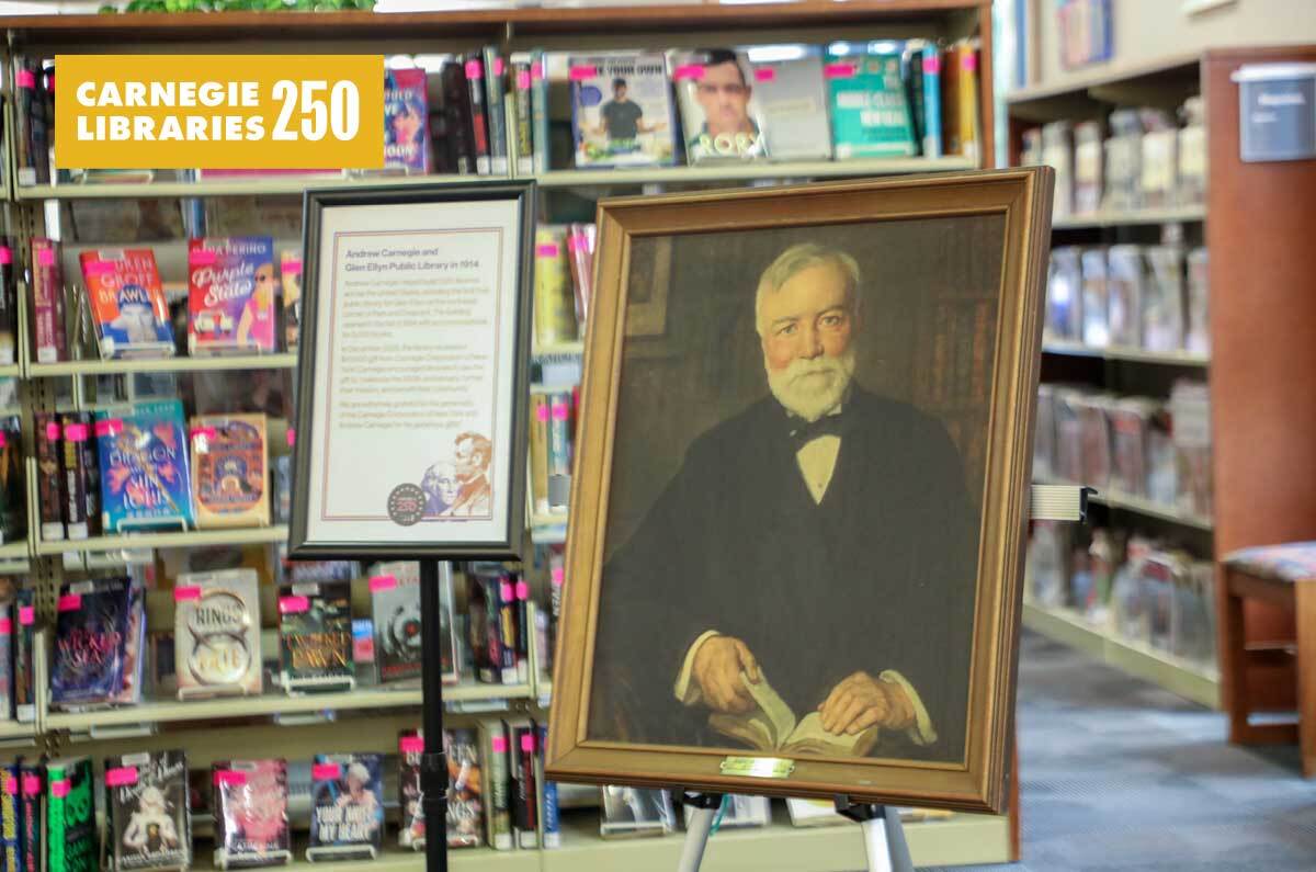 carnegieportrait Portrait of Andrew Carnegie in front of library stacks